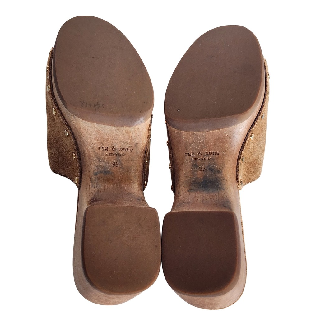Rag & Bone Mara Brown Suede Platform Clog Mules Studded Wood Heel Sandals 38 - Picture 8 of 9